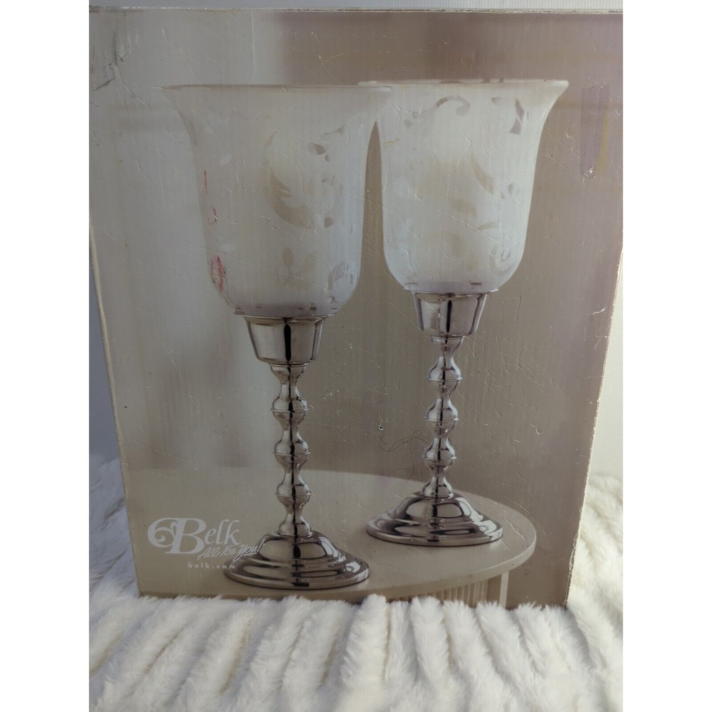 Set of (2) Gorgeous‎ BELK GLASS & METAL CANDLE HOLDERS ~ LAMPS 12.25" TALL ~ NEW